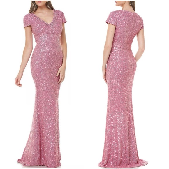 NEW Carmen Marc Valvo Pink Sequin Mermaid Gown - Picture 2 of 14